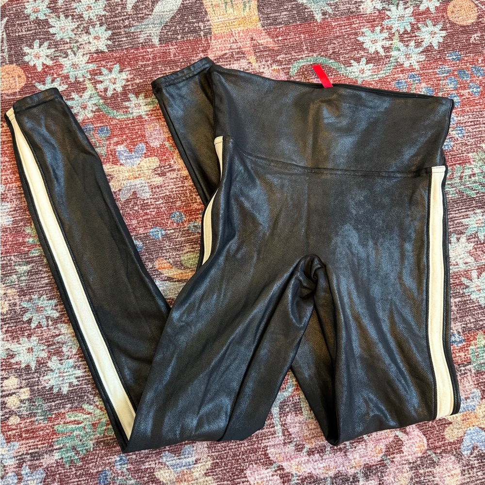 Spanx Black Faux Leather Leggings with White Stripes size small